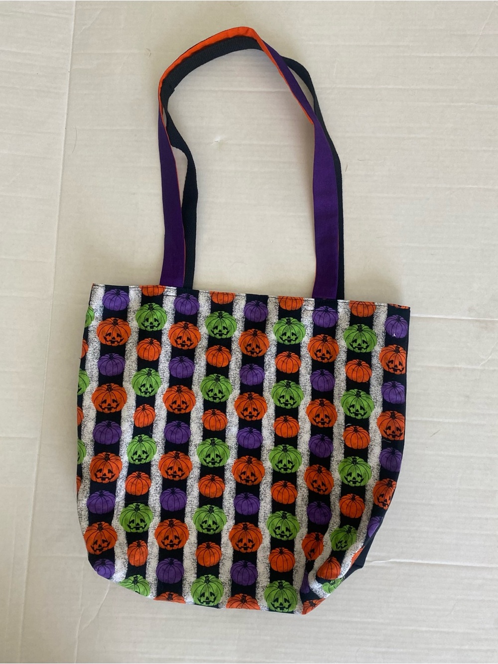 Handmade Upcycled Halloween Pumpkin Print Tote Bag in Orange, Purple & Green